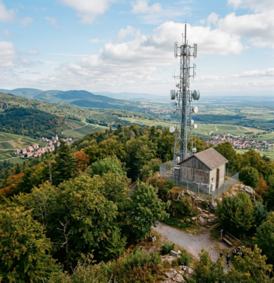 Telecommunications tower and small building on a hill surrounded by trees with countryside and villages in the background
